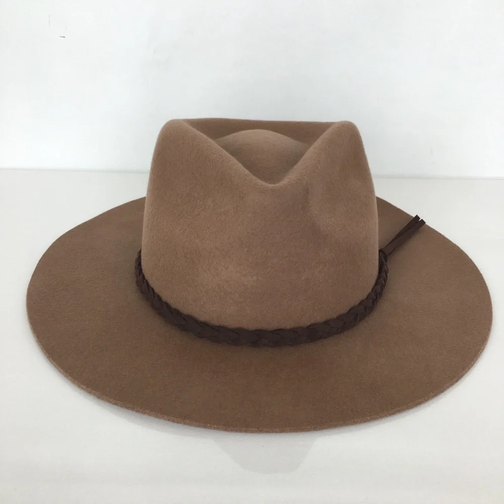 Banana Republic Boho Wool Felt Hat Tan Dark Brown Braided Leather Hat Band